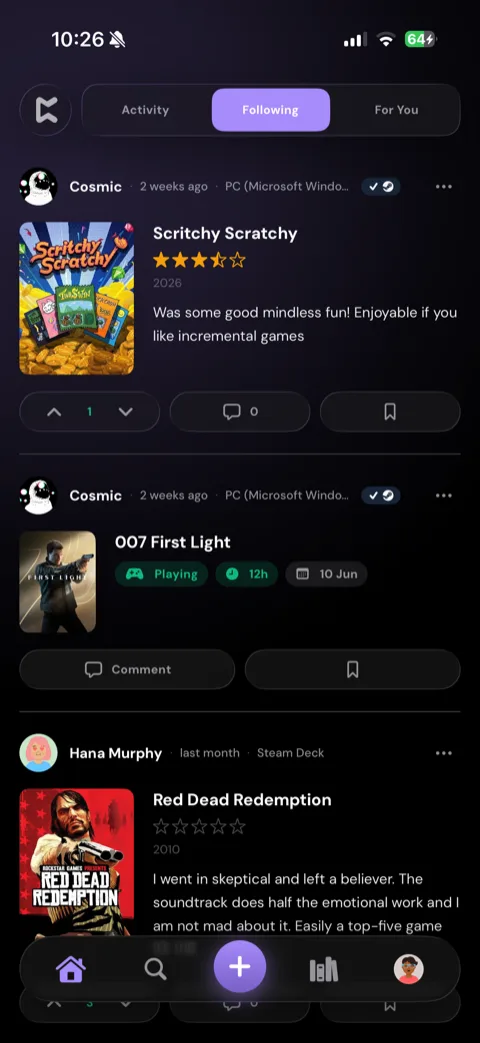 The Perthro feed: reviews and play sessions from people you follow